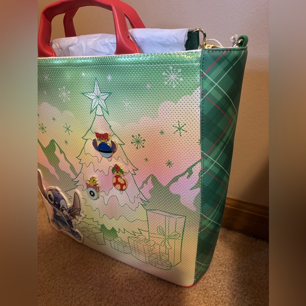 Loungefly Disney Stitch and Scrump Holiday Pin Trading Crossbody Tote Bag - Picture 5 of 15